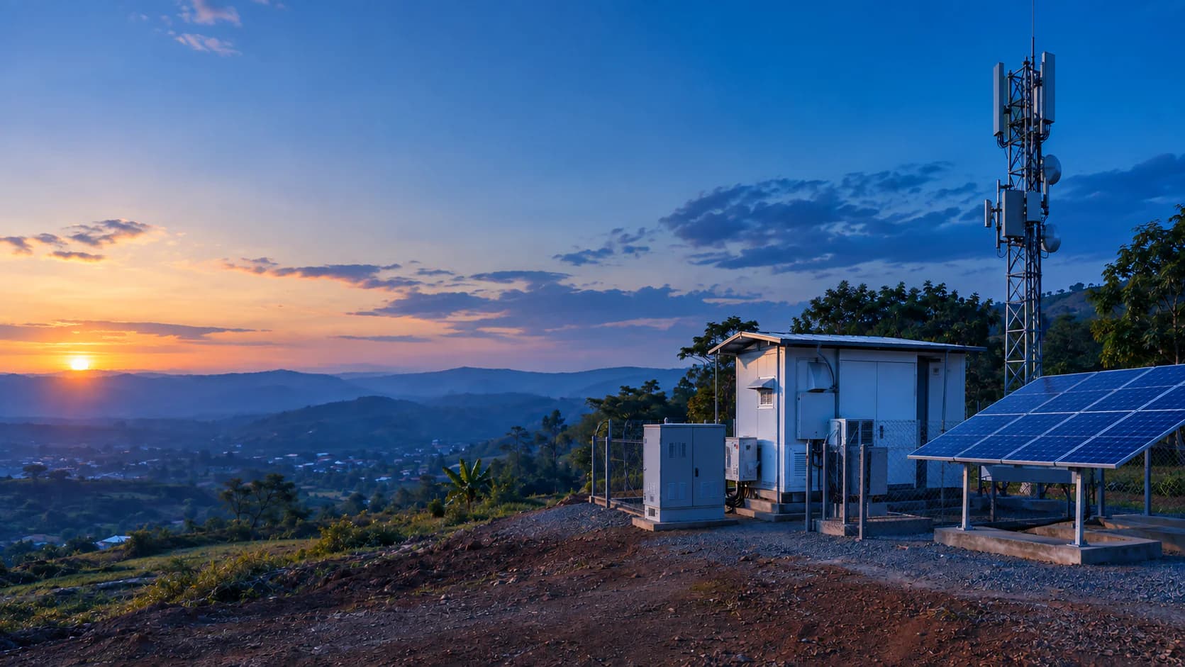 Infrastructures télécoms et station d'énergie solaire au coucher du soleil